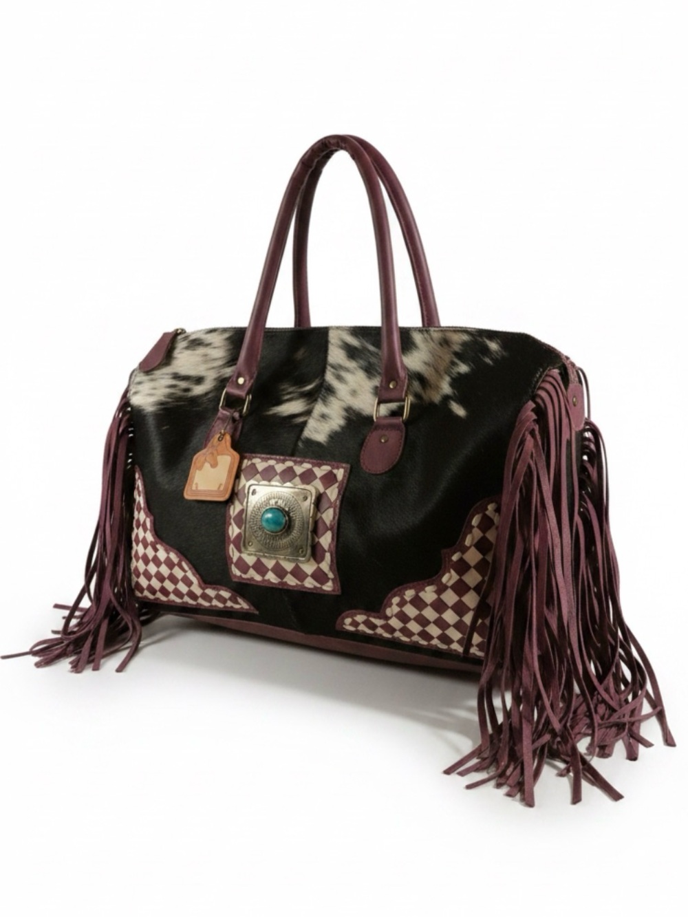 Purple Checkered Leather and Cowhide Weekender Bag NWT - Picture 3 of 6